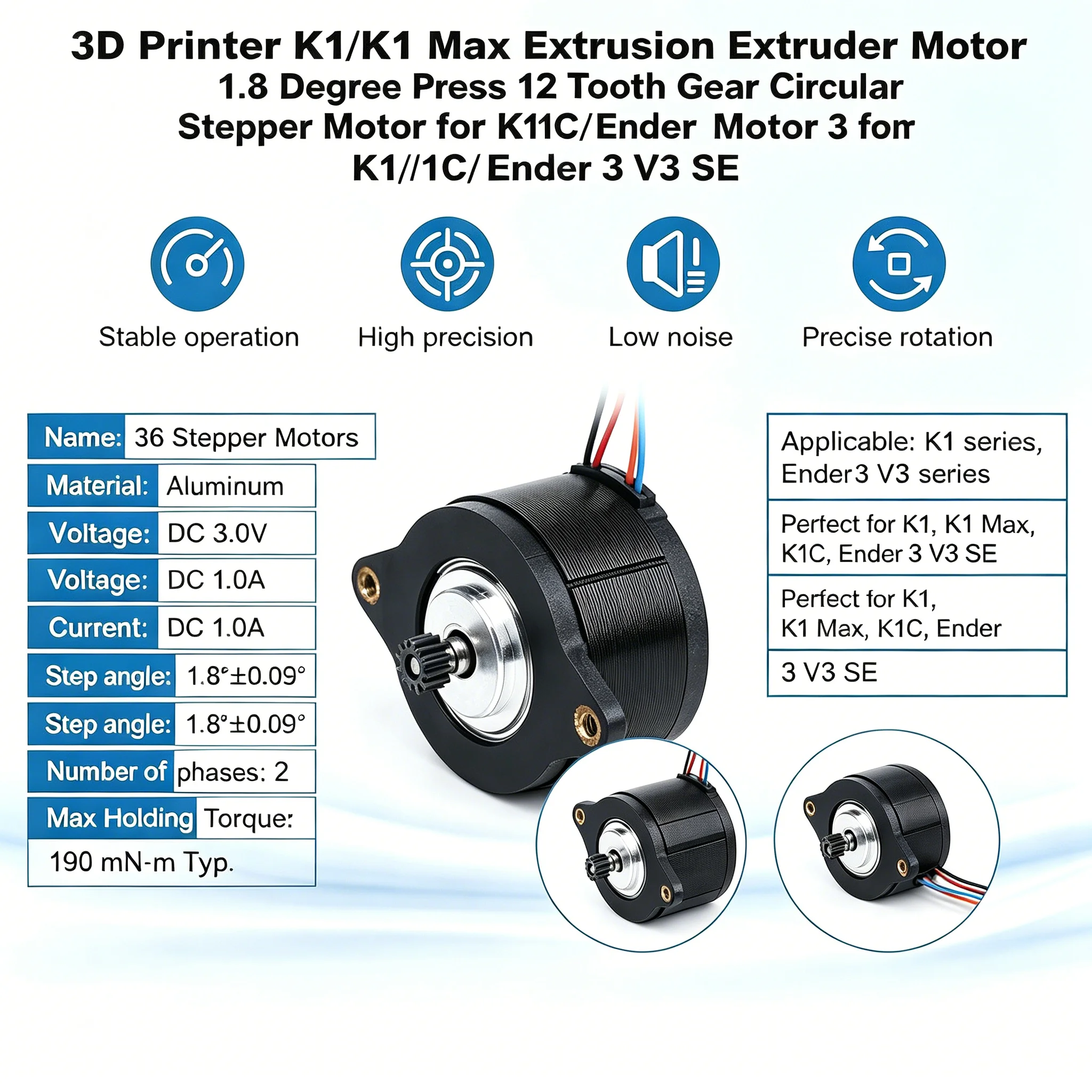 3D Printer K1/K1 Max Extrusion Extruder Motor 1.8 Degree Press 12 Tooth Gear Circular Stepper Motor for K1/ K1C/ Ender 3 V3 SE,,
3D Printer K1/K1 Max Extrusion Extruder Motor 1.8 Degree Press 12 Tooth Gear Circular Stepper Motor for K1/ K1C/ Ender 3 V3 SE,,