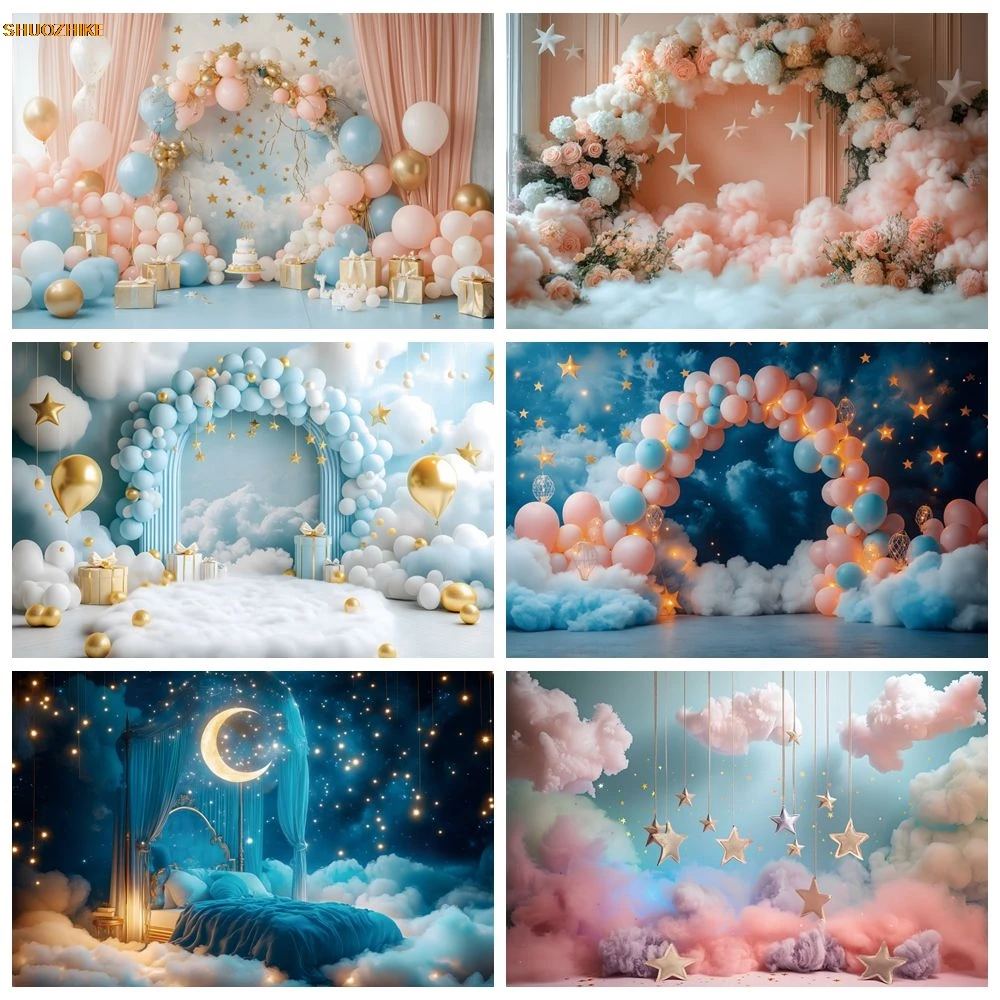 Dreamy Baby 1st Birthday Party Backdrop Clouds Stars Flowers Balloons Interior Room Kids Art Portrait Photography Background
Dreamy Baby 1st Birthday Party Backdrop Clouds Stars Flowers Balloons Interior Room Kids Art Portrait Photography Background