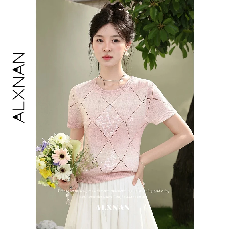 ALXNAN Pink Knit Short Sleeve T-shirt Sequin Design Elegant Round Neck Summer T-shirts 2026 Elegant Loose-fit Female Tops L65136
ALXNAN Pink Knit Short Sleeve T-shirt Sequin Design Elegant Round Neck Summer T-shirts 2026 Elegant Loose-fit Female Tops L65136