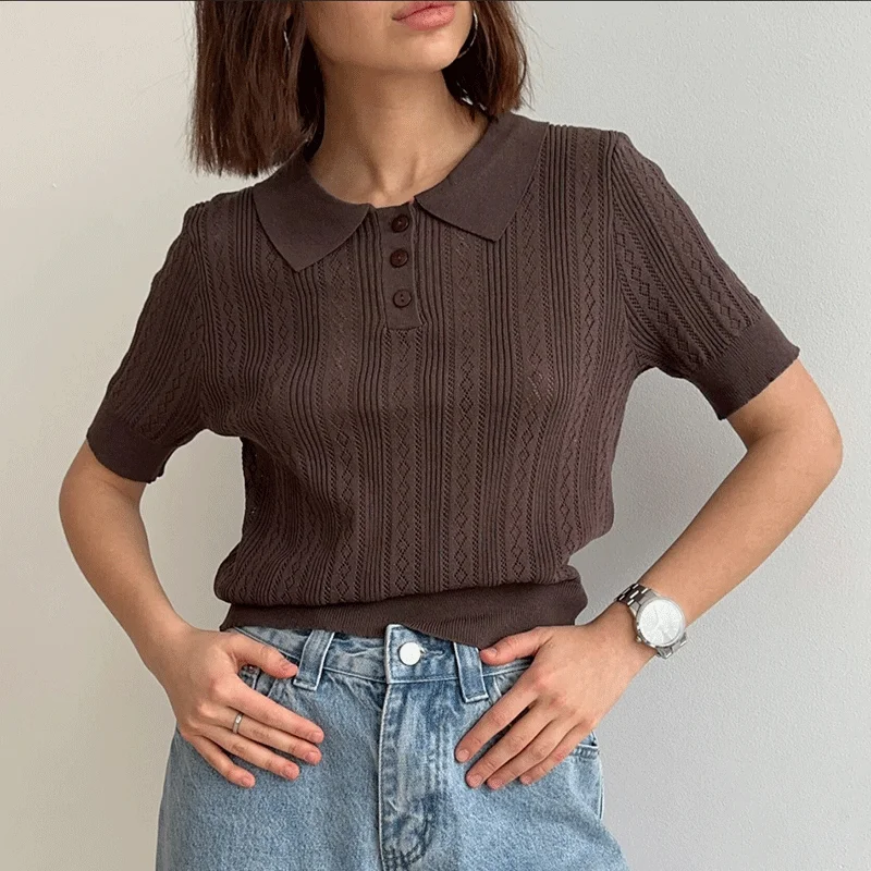 Ticketsx Lapel Hollow Out Knit Top Vintage Summer Fashion Button Patchwork Short Sleeve Women's T-Shirts New Commute Casual Top
Ticketsx Lapel Hollow Out Knit Top Vintage Summer Fashion Button Patchwork Short Sleeve Women's T-Shirts New Commute Casual Top
