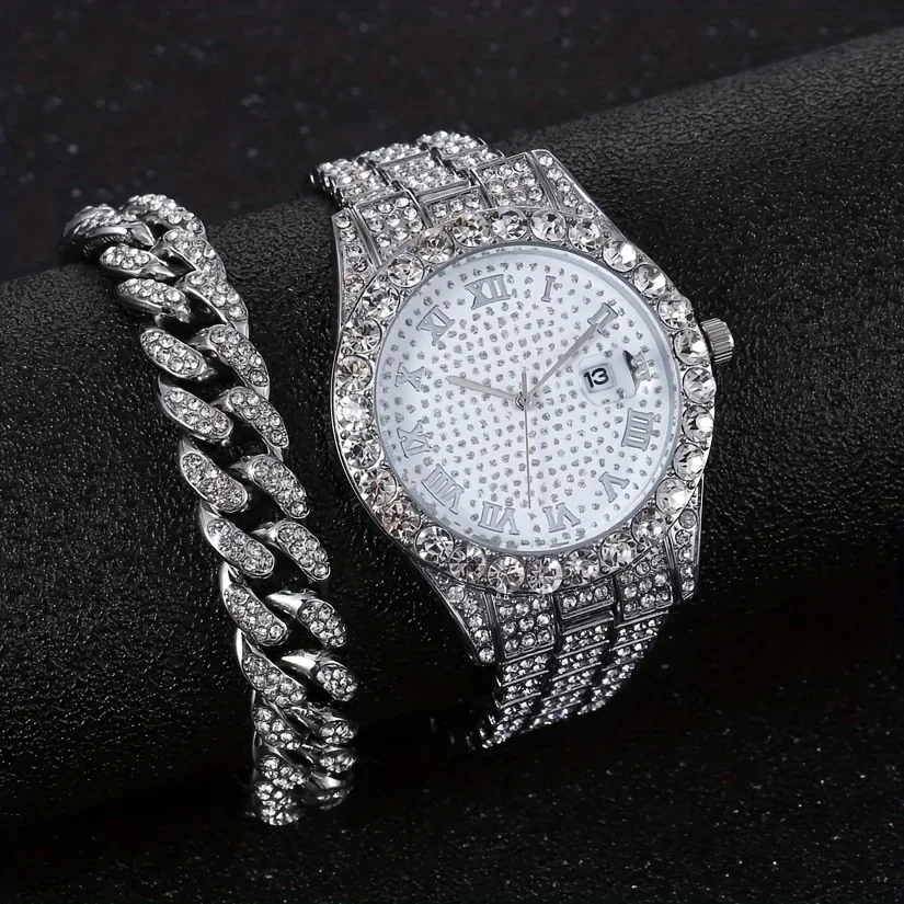 Fashion Hip-hop Cuban Bracelet & Men's Steel Band Faux Diamond Watch, Fashion Men's Watch Set
Fashion Hip-hop Cuban Bracelet & Men's Steel Band Faux Diamond Watch, Fashion Men's Watch Set
