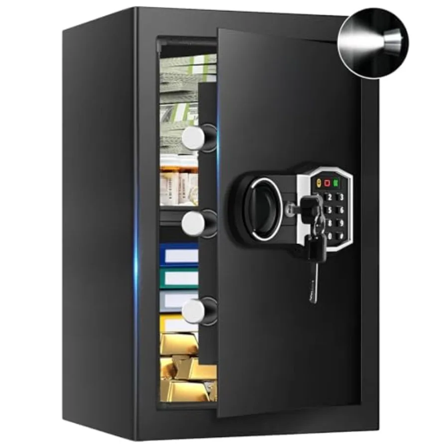 Home security safe: 3.4 cu ft fireproof waterproof steel box with digital keypad, alarm, spare keys, removable shelf, black fin
Home security safe: 3.4 cu ft fireproof waterproof steel box with digital keypad, alarm, spare keys, removable shelf, black fin