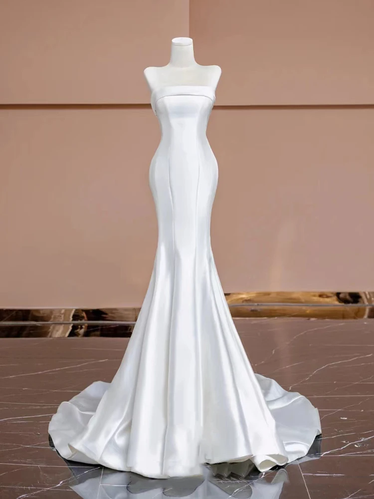White Satin Bridesmaid Dr New 2026 Ele Fi Tail Wedding Gown High Waist Simple Sle with Sa for Hotel Indoor Use
White Satin Bridesmaid Dr New 2026 Ele Fi Tail Wedding Gown High Waist Simple Sle with Sa for Hotel Indoor Use