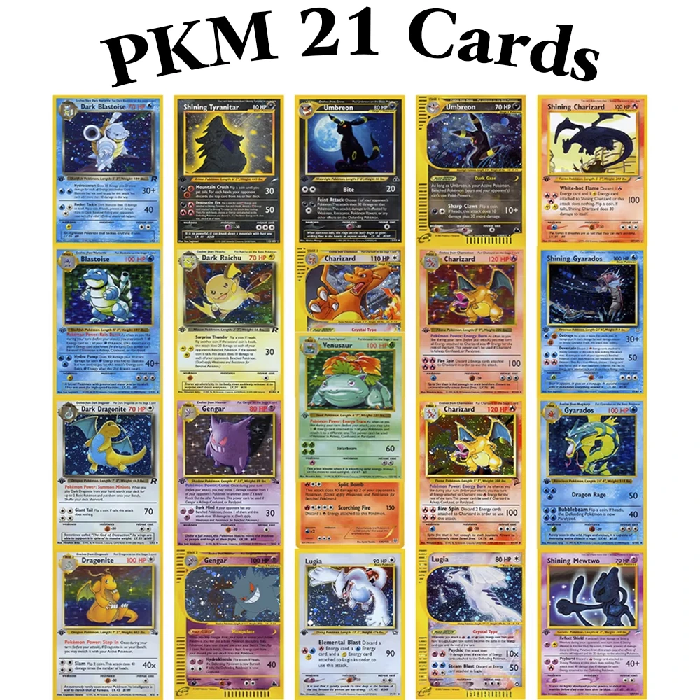 21 шт./компл. PKM 1 Edition, горячие продажи, карты Blastoise Charizard Dark Blastoise Shining Charizard, полный набор коллекционных карточек для игрушек
21 шт./компл. PKM 1 Edition, горячие продажи, карты Blastoise Charizard Dark Blastoise Shining Charizard, полный набор коллекционных карточек для игрушек