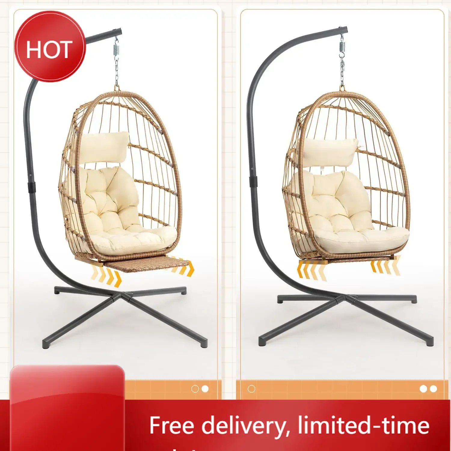 Hanging Egg Chair with Stand and Footrest for Indoor Outdoor, Foldable Wicker Rattan Patio Egg Swing Chairs Hammock
Hanging Egg Chair with Stand and Footrest for Indoor Outdoor, Foldable Wicker Rattan Patio Egg Swing Chairs Hammock