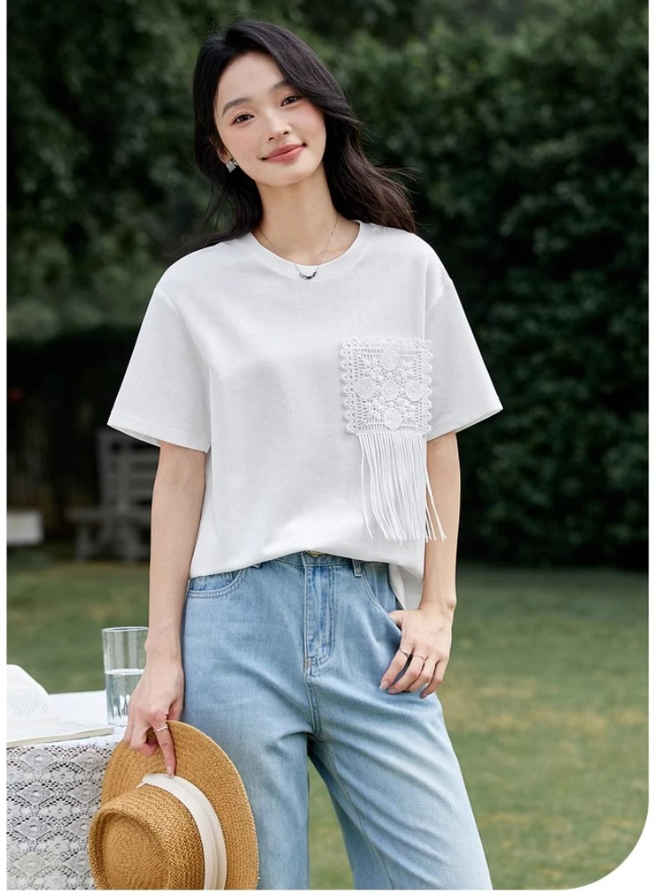 VIMLY Hollow Lace White T-shirt Women's Pockets 2025 Summer Bohemian Belt Pouch Loose O-neck Knitted Woman Short Sleeve A1713
VIMLY Hollow Lace White T-shirt Women's Pockets 2025 Summer Bohemian Belt Pouch Loose O-neck Knitted Woman Short Sleeve A1713