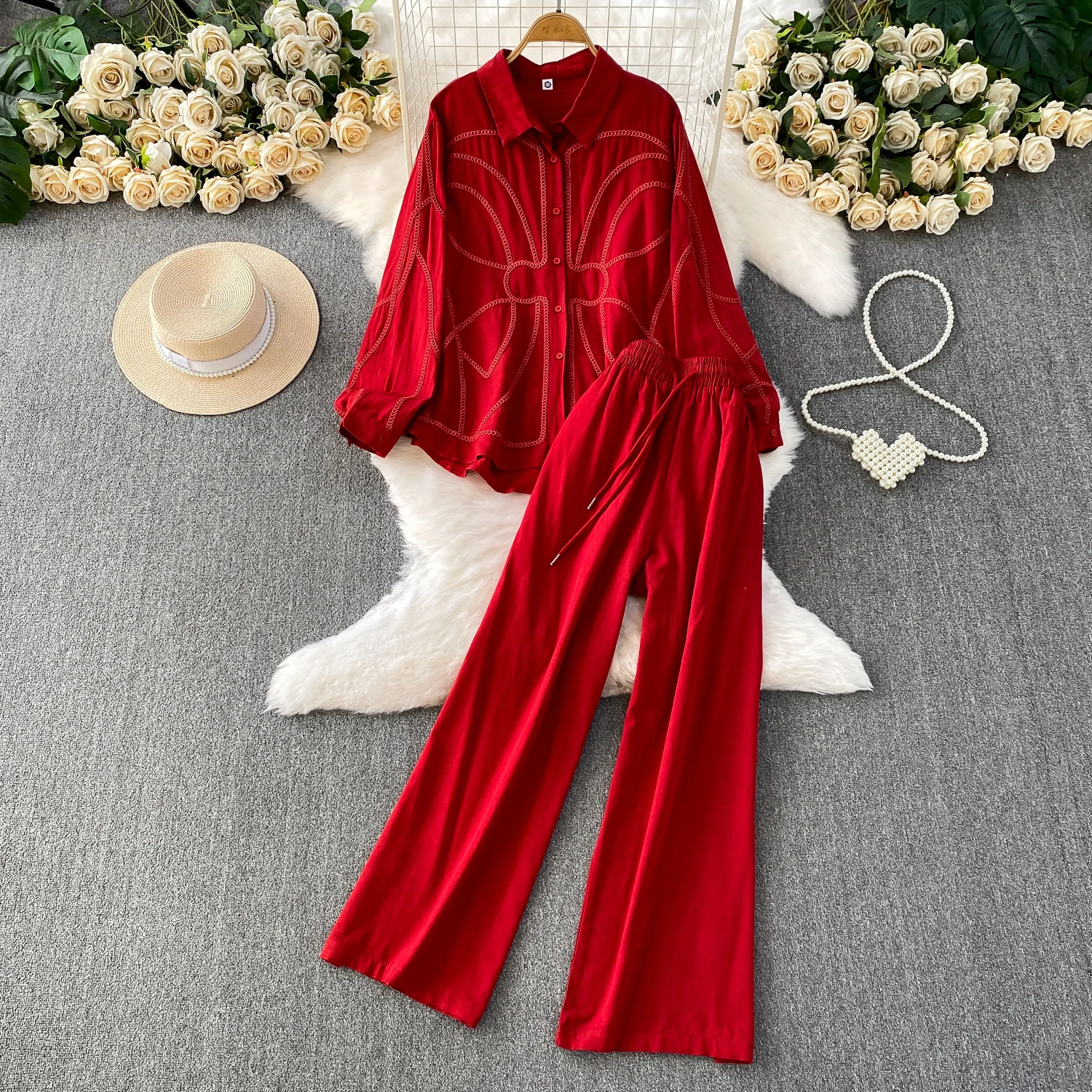 Autumn French Women's Matching Sets Lapel Embroidered Shirt Wide Leg Pants 2 Pieces Set Multiple Color Casual Fashion Suit
Autumn French Women's Matching Sets Lapel Embroidered Shirt Wide Leg Pants 2 Pieces Set Multiple Color Casual Fashion Suit