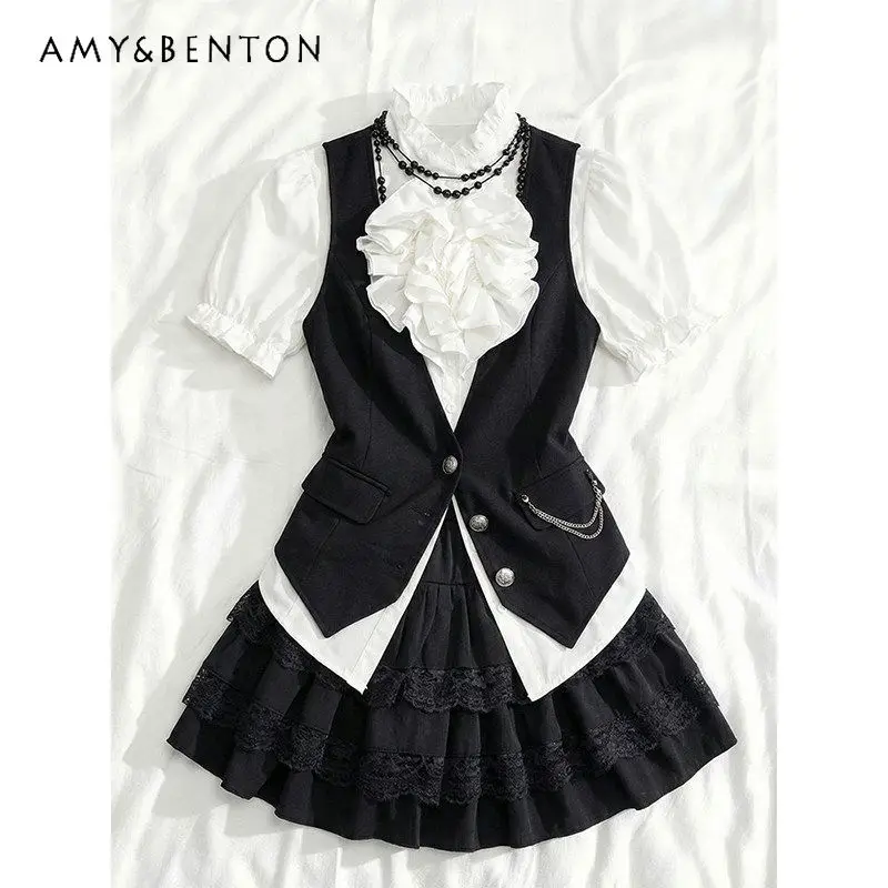 Original Retro Design Women's Short Skirt Three-piece 2026 Summer New White Shirt Slimming Vest Goth Short Skirts Suits Ladies
Original Retro Design Women's Short Skirt Three-piece 2026 Summer New White Shirt Slimming Vest Goth Short Skirts Suits Ladies