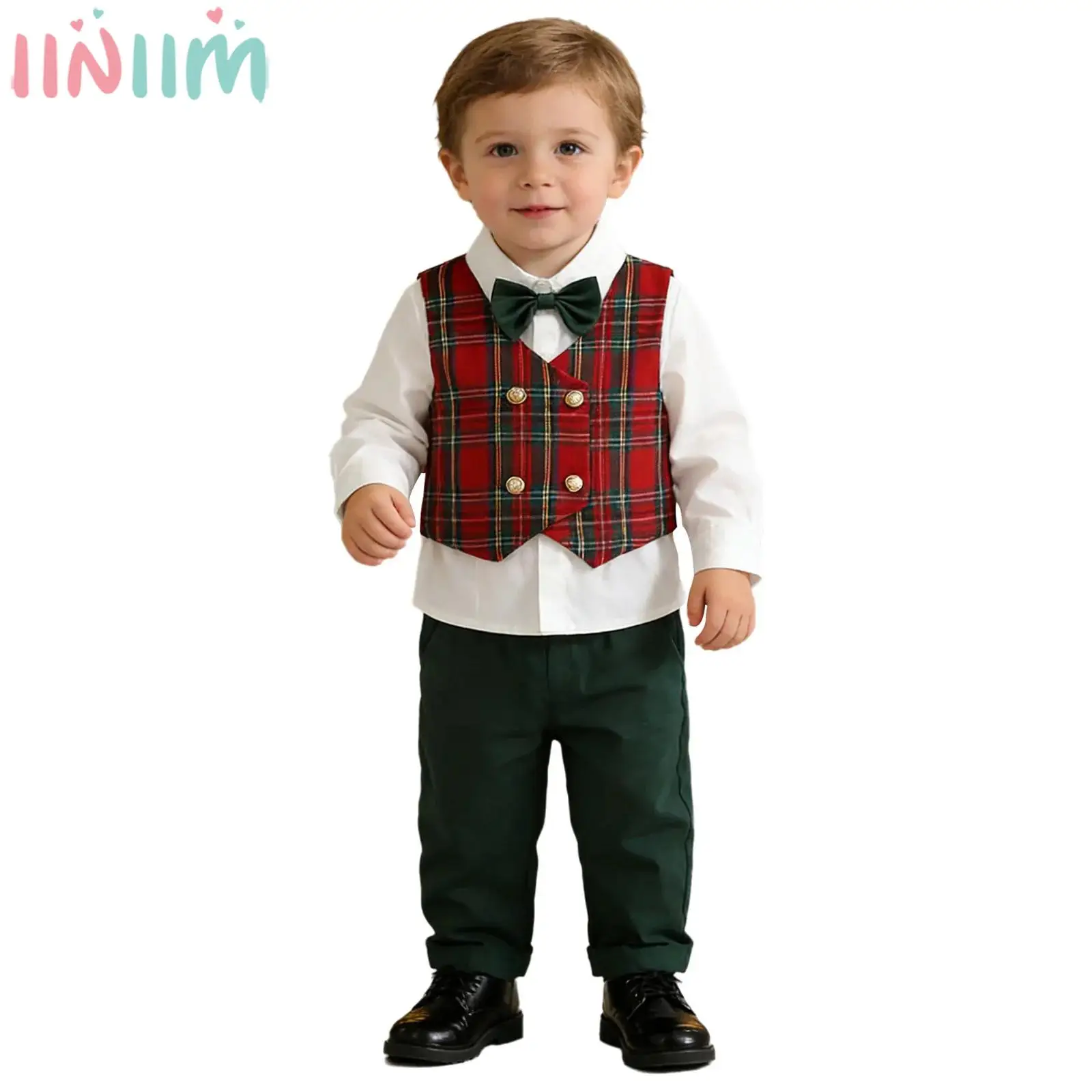 Baby Boys British Style Gentleman Suit Long Sleeve Lapel Bowtie Shirt with Plaid Vest Pants for Christmas Wedding Birthday Party
Baby Boys British Style Gentleman Suit Long Sleeve Lapel Bowtie Shirt with Plaid Vest Pants for Christmas Wedding Birthday Party