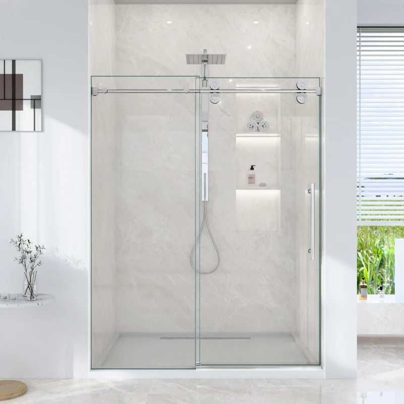 44"-48"W*76" H Frameless Single Sliding Shower Door – 5/16" (8mm) Clear Tempered Glass, Bypass Design with Chrome Finish
44"-48"W*76" H Frameless Single Sliding Shower Door – 5/16" (8mm) Clear Tempered Glass, Bypass Design with Chrome Finish