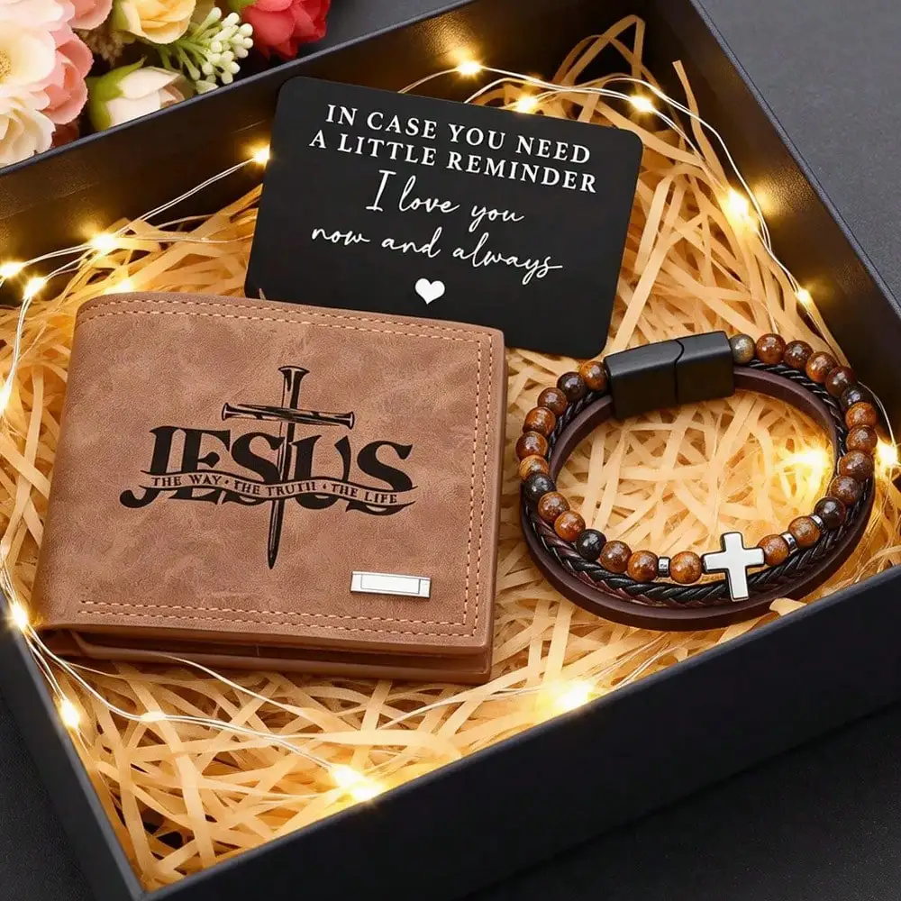 3PCS/Set Men's PU Wallet Bracelet And Card Lion & Cross Motivational Engraving, Multi-Card Slots & ID Window, Stylish Brown Secure Card Holder -Easter Gift For Him
3PCS/Set Men's PU Wallet Bracelet And Card Lion & Cross Motivational Engraving, Multi-Card Slots & ID Window, Stylish Brown Secure Card Holder -Easter Gift For Him