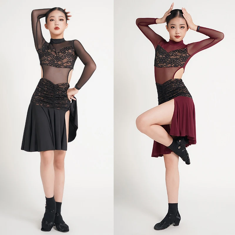Red Black Ballroom Dance Competition Dresses Girls Mesh Sleeved Latin Dance Dress Kids Performance Latin Dance Clothes DWY9536
Red Black Ballroom Dance Competition Dresses Girls Mesh Sleeved Latin Dance Dress Kids Performance Latin Dance Clothes DWY9536