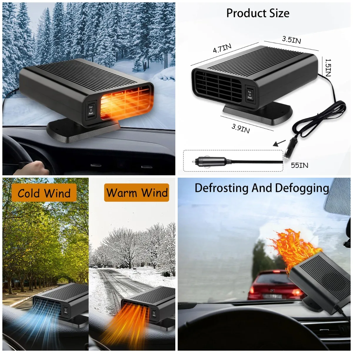12V 150W Portable Car Heater with 2-in-1 Heat/Cool & 360° Defroster, Cigarette Lighter Plug for Cars, SUVs, Trucks
12V 150W Portable Car Heater with 2-in-1 Heat/Cool & 360° Defroster, Cigarette Lighter Plug for Cars, SUVs, Trucks