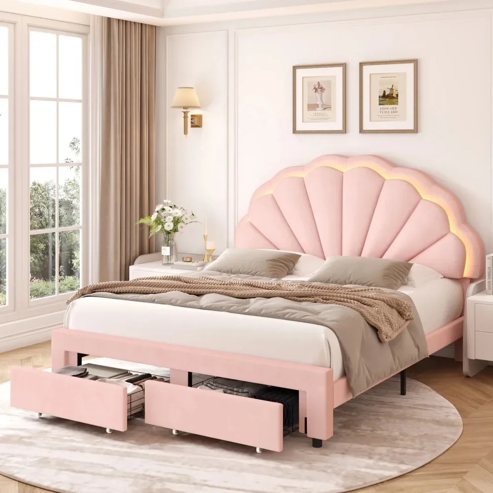 Children Beds, Full Size LED Bed Frame with Drawer, Velvet Upholstered Platform Bed with Adjustable Petal Headboard for Kid
Children Beds, Full Size LED Bed Frame with Drawer, Velvet Upholstered Platform Bed with Adjustable Petal Headboard for Kid