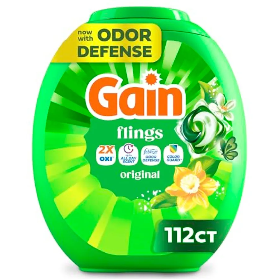 Gain Flings Liquid Washing Detergent Pods, Now with Odor Defense + Color Guard, Original Scent, 4-In-1 Liquid Laundry Detergent
Gain Flings Liquid Washing Detergent Pods, Now with Odor Defense + Color Guard, Original Scent, 4-In-1 Liquid Laundry Detergent