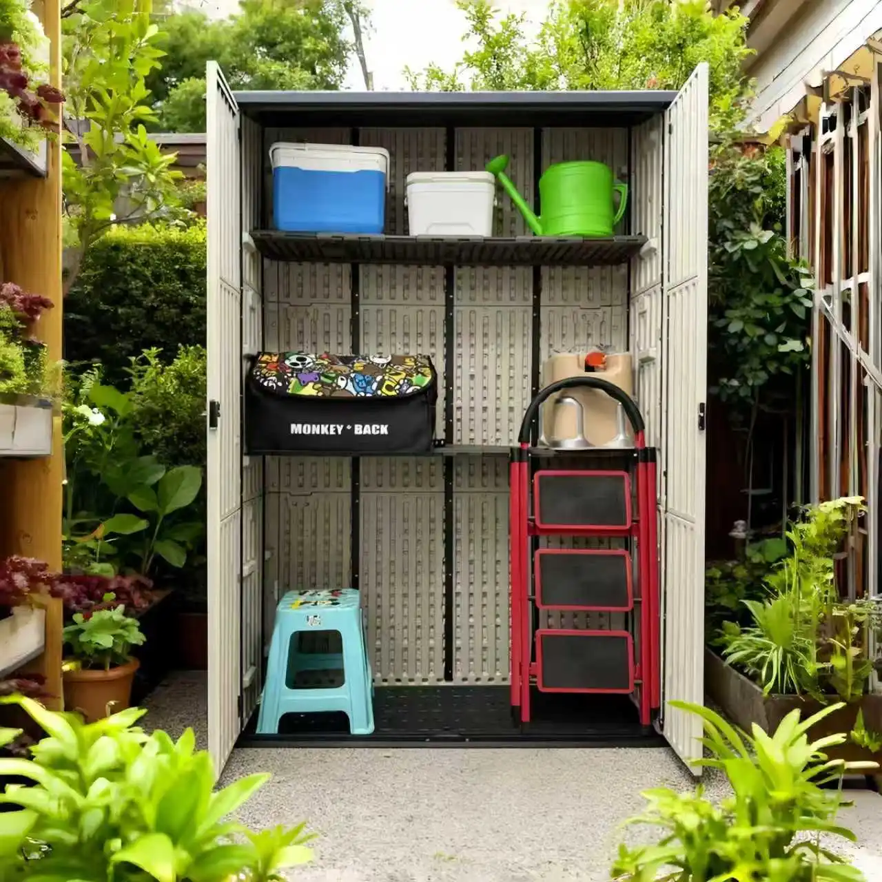 for-HDPE Multi-functional Lockable Door Garden Storage Plastic Cabinet with One Shelf Board and Four Hooks.@
for-HDPE Multi-functional Lockable Door Garden Storage Plastic Cabinet with One Shelf Board and Four Hooks.@