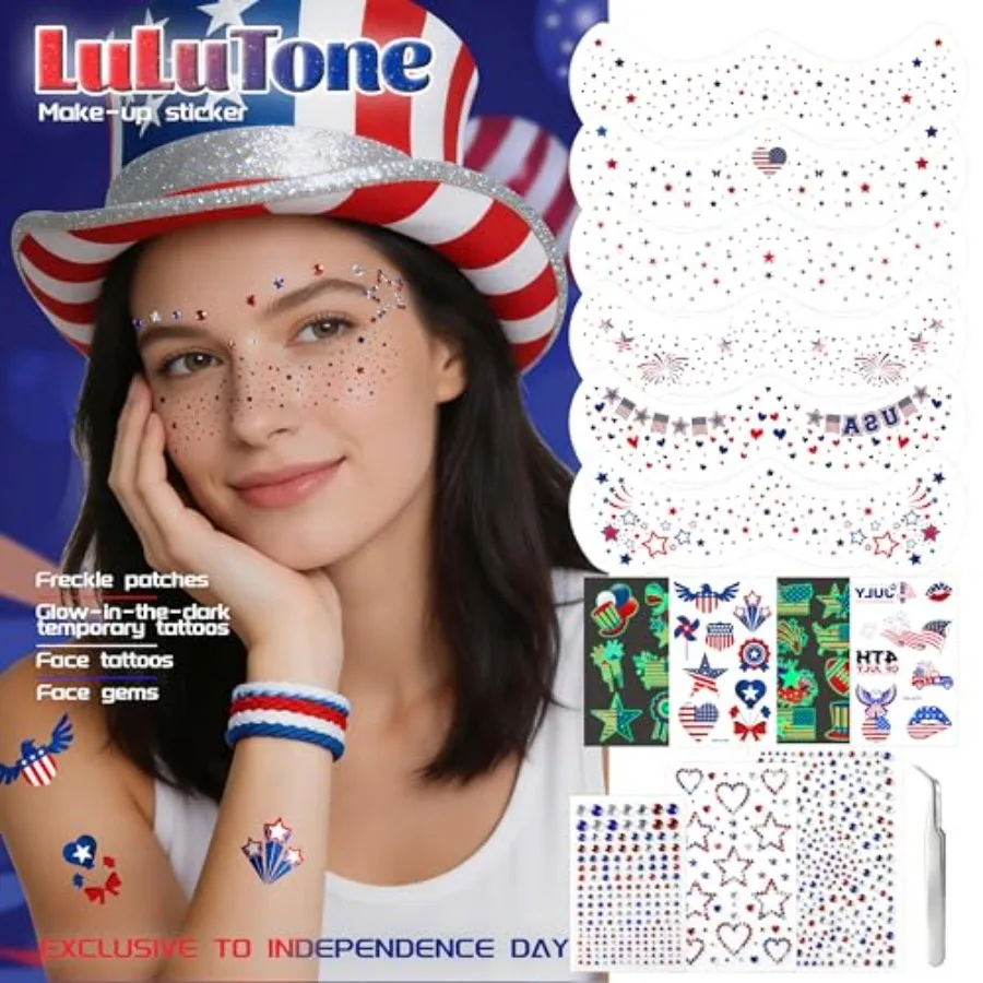 4th of July Decorations Makeup Set-13pcs Patriotic Glitter Freckles Face Tattoo, Red White and Blue Face Gems, Independence Day
4th of July Decorations Makeup Set-13pcs Patriotic Glitter Freckles Face Tattoo, Red White and Blue Face Gems, Independence Day