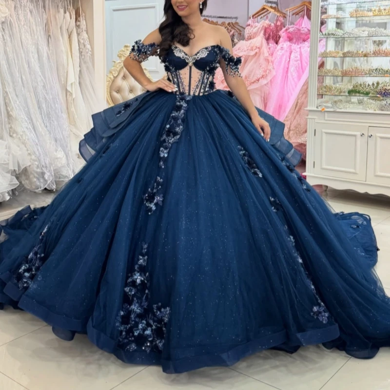 Navy Blue Shiny Quinceanera Dresses Ball Gown Off The Shoulder Applique Flower Beading Crystal Tull Sweet 16 Dress Vestidos 15
Navy Blue Shiny Quinceanera Dresses Ball Gown Off The Shoulder Applique Flower Beading Crystal Tull Sweet 16 Dress Vestidos 15