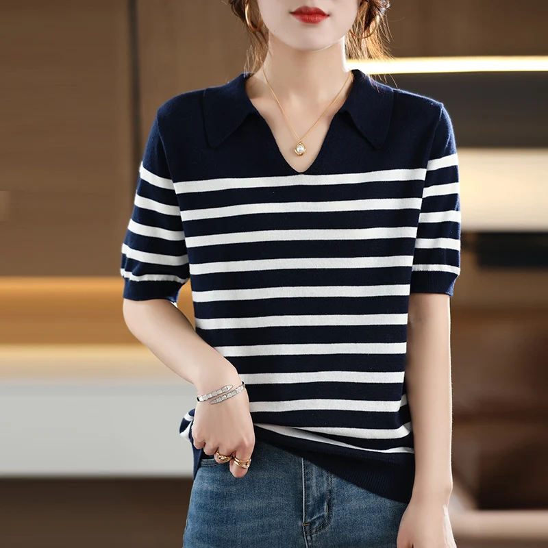 Women's T-shirt Spring/Summer New 100% Cotton Knitwear Casual Striped Pullover Short Sleeve POLO Collar Tees Loose Blouse
Women's T-shirt Spring/Summer New 100% Cotton Knitwear Casual Striped Pullover Short Sleeve POLO Collar Tees Loose Blouse