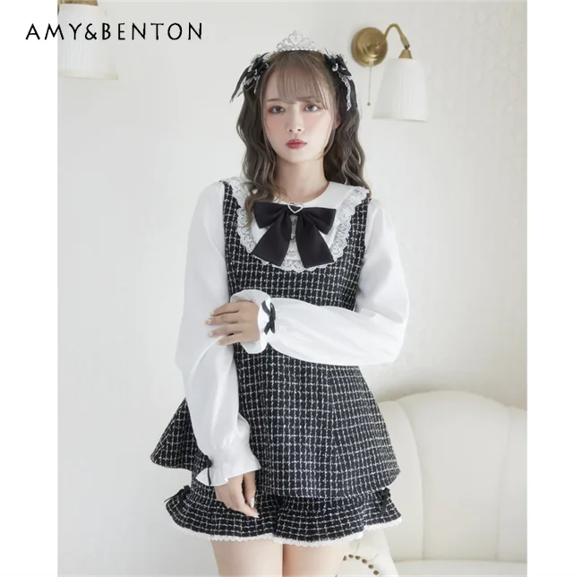 2-Piece Suit for Women Japanese Style Sweet Cute Doll Collar Shirt Fake Two-Piece Culottes Spring Shorts Two Piece Set
2-Piece Suit for Women Japanese Style Sweet Cute Doll Collar Shirt Fake Two-Piece Culottes Spring Shorts Two Piece Set