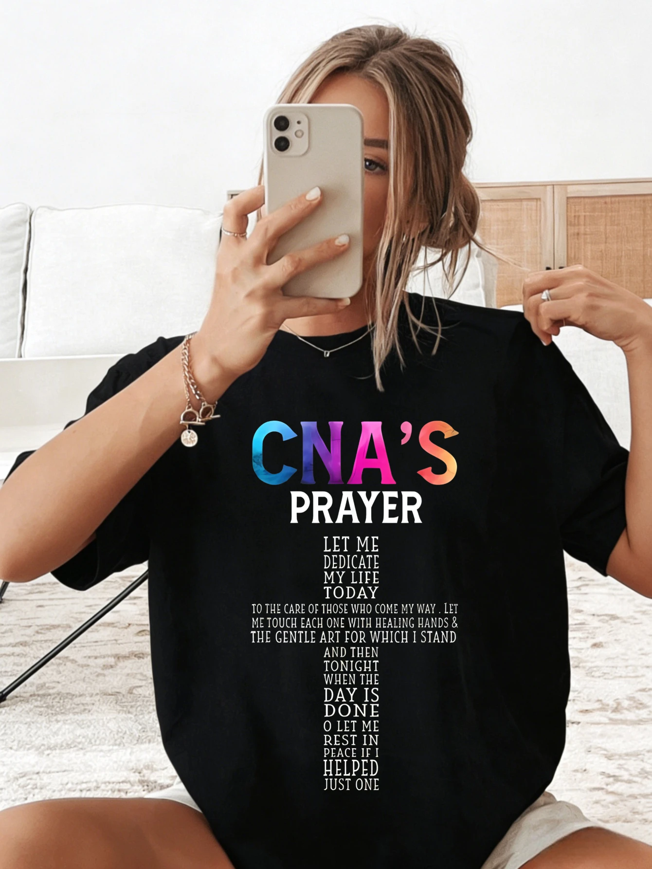 Oversized Cotton CNA'S PRAYER Cross Printed Womens T Shirt, Summer Casual Short Sleeve Graphic Tee Gift for Her
Oversized Cotton CNA'S PRAYER Cross Printed Womens T Shirt, Summer Casual Short Sleeve Graphic Tee Gift for Her