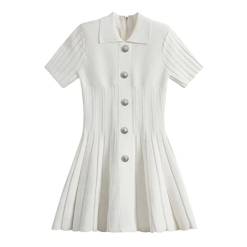 Elegant Ribbed Knitted Dress Women Summer Short Sleeve Slim Fit A-Line Mini Dress Vintage Metal Button Zipper Back Party Outfits
Elegant Ribbed Knitted Dress Women Summer Short Sleeve Slim Fit A-Line Mini Dress Vintage Metal Button Zipper Back Party Outfits