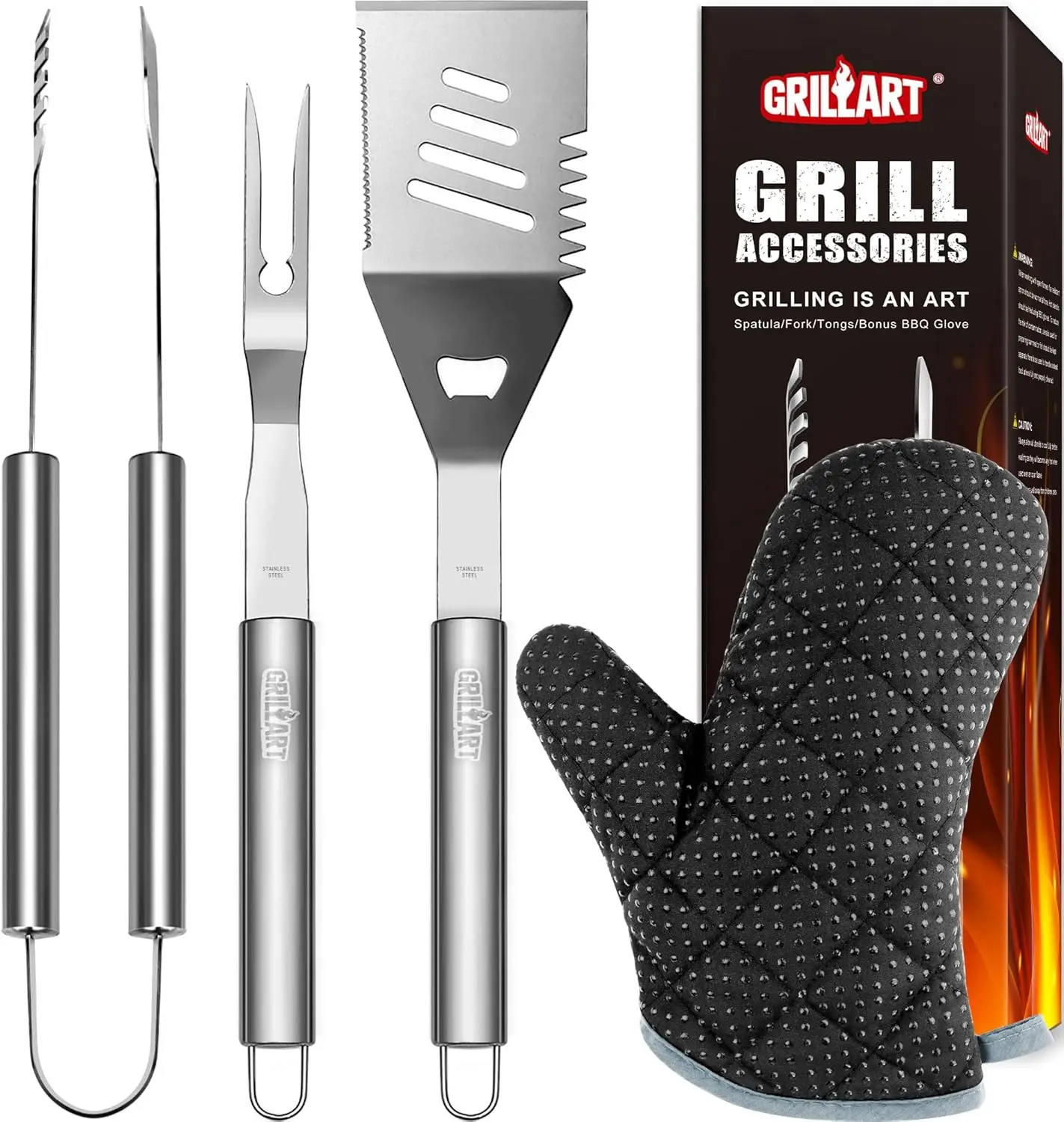 Grill Tools Set 3PCS Stainless BBQ Utensils Spatula Tongs Fork with Insulated Glove for Outdoor Grilling Gifts for Men
Grill Tools Set 3PCS Stainless BBQ Utensils Spatula Tongs Fork with Insulated Glove for Outdoor Grilling Gifts for Men