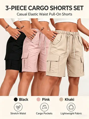 3pcs Women's Cargo Bermuda Shorts, Elastic Drawstring Waist Knee Length Shorts, Lightweight Loose Fit Multi Pocket Casual Summer Shorts for Daily Outdoor Wear