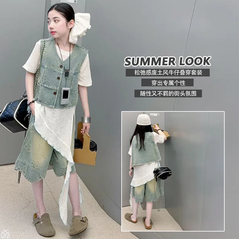 summer 4-14 chic teen girl clothes set Jacquard denim vest Lace Irregular T-shirt Cowboy shorts 2/3 junior chld kid outfits suit
summer 4-14 chic teen girl clothes set Jacquard denim vest Lace Irregular T-shirt Cowboy shorts 2/3 junior chld kid outfits suit