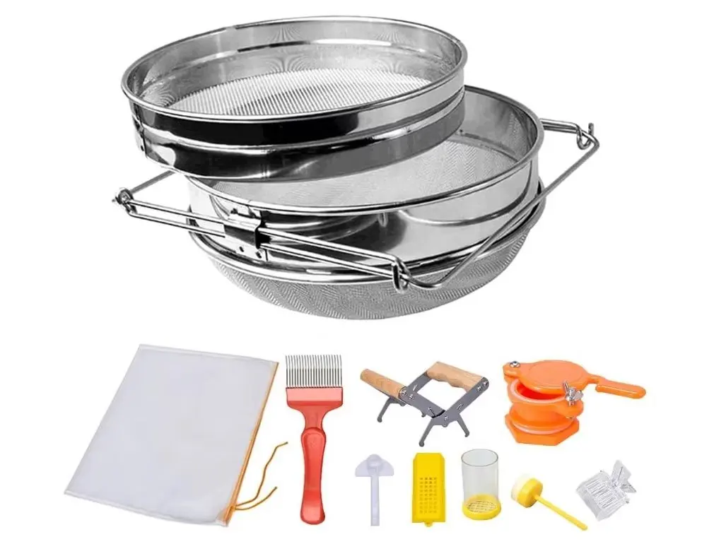 Beekeeping tool 9-piece set, double-layer stainless steel honey filter, wooden nest frame clip, plastic honey outlet set
Beekeeping tool 9-piece set, double-layer stainless steel honey filter, wooden nest frame clip, plastic honey outlet set