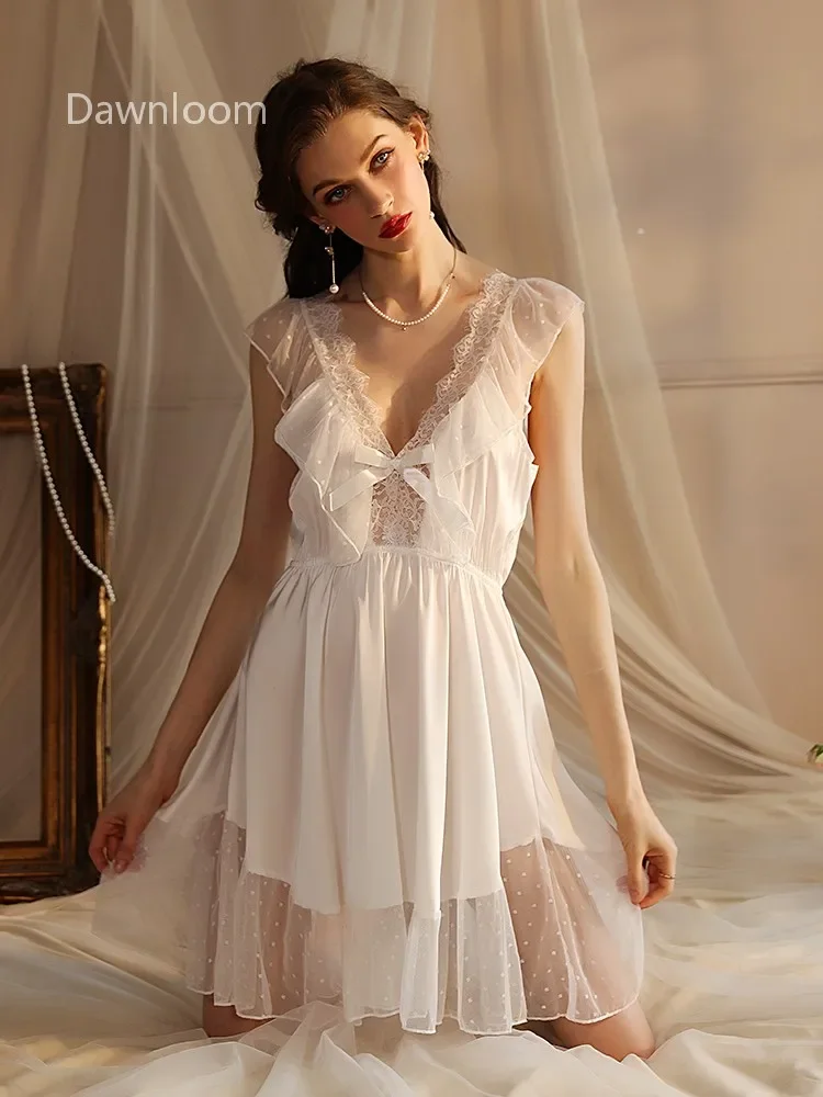 Dawnloom Women's White Deep V Lace Silk Nightgown with Bowknot Polka Dot Mesh Ruffle - Luxury Loungewear Sleepwear
Dawnloom Women's White Deep V Lace Silk Nightgown with Bowknot Polka Dot Mesh Ruffle - Luxury Loungewear Sleepwear
