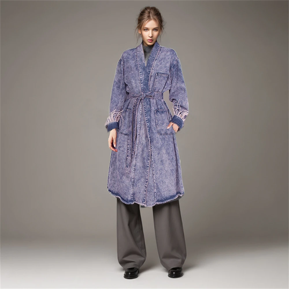 Distress Denim Long Coat with Feathers on Sleeves Medium Length Autumn Jacket for Women
Distress Denim Long Coat with Feathers on Sleeves Medium Length Autumn Jacket for Women