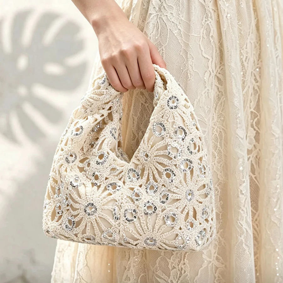 Crochet Handbag with hollowed-out weave,silver sequin clutch bags, beach, patchwork, design.boho-chic off-white shoulder bags
Crochet Handbag with hollowed-out weave,silver sequin clutch bags, beach, patchwork, design.boho-chic off-white shoulder bags