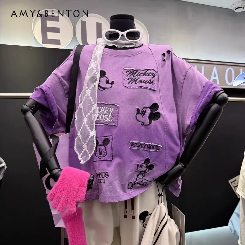 2025 Spring And Summer New Purple Hole Design Cartoon Short-sleeved T-shirts Women's Loose Sweet Style Short O-neck Top Pullover
2025 Spring And Summer New Purple Hole Design Cartoon Short-sleeved T-shirts Women's Loose Sweet Style Short O-neck Top Pullover