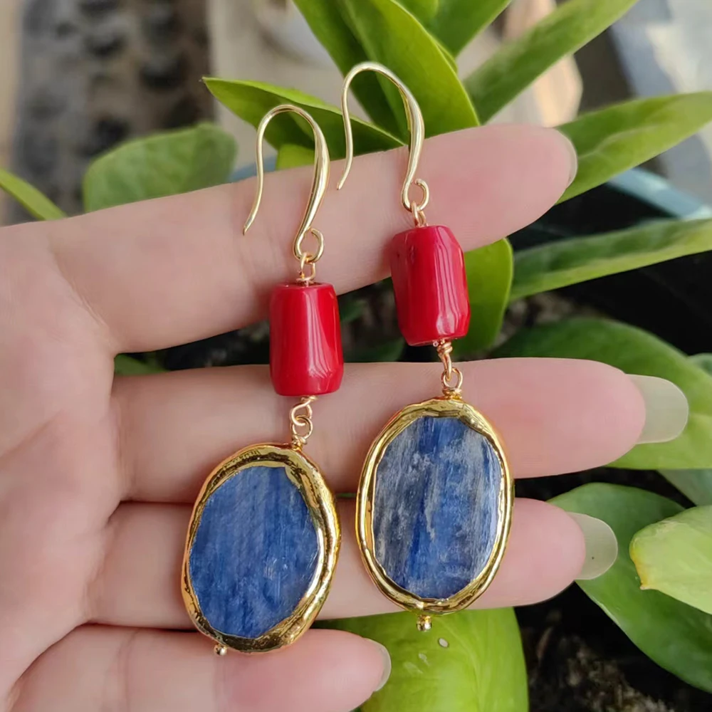 G-G Natural Blue Kyanite Yellow Gold Plated Gems Stone Red Coral Dangle Hook Earrings Handmade Lady Jewelry Gifts
G-G Natural Blue Kyanite Yellow Gold Plated Gems Stone Red Coral Dangle Hook Earrings Handmade Lady Jewelry Gifts