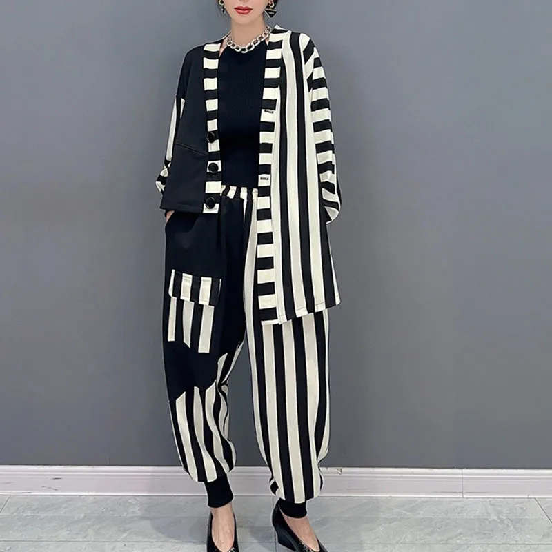 Oversize 2PCS Street Wear Clothing Set For Women Stripe Casual Suit Patchwork Irregular Outfit And Harem Pants
Oversize 2PCS Street Wear Clothing Set For Women Stripe Casual Suit Patchwork Irregular Outfit And Harem Pants