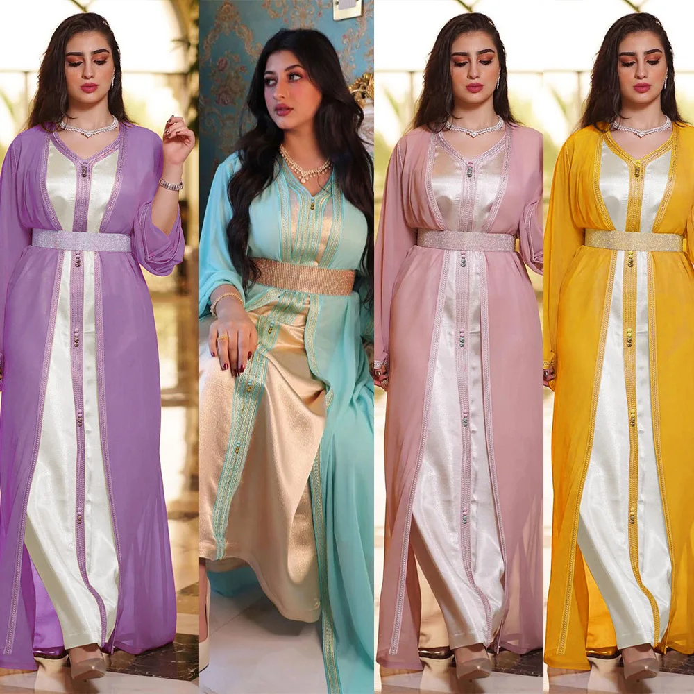 Luxurious Middle East Dress Women Open Abaya Two Pieces Clothes Chiffon Long Sleeves Islamic Clothing Set Dubai Robe
Luxurious Middle East Dress Women Open Abaya Two Pieces Clothes Chiffon Long Sleeves Islamic Clothing Set Dubai Robe