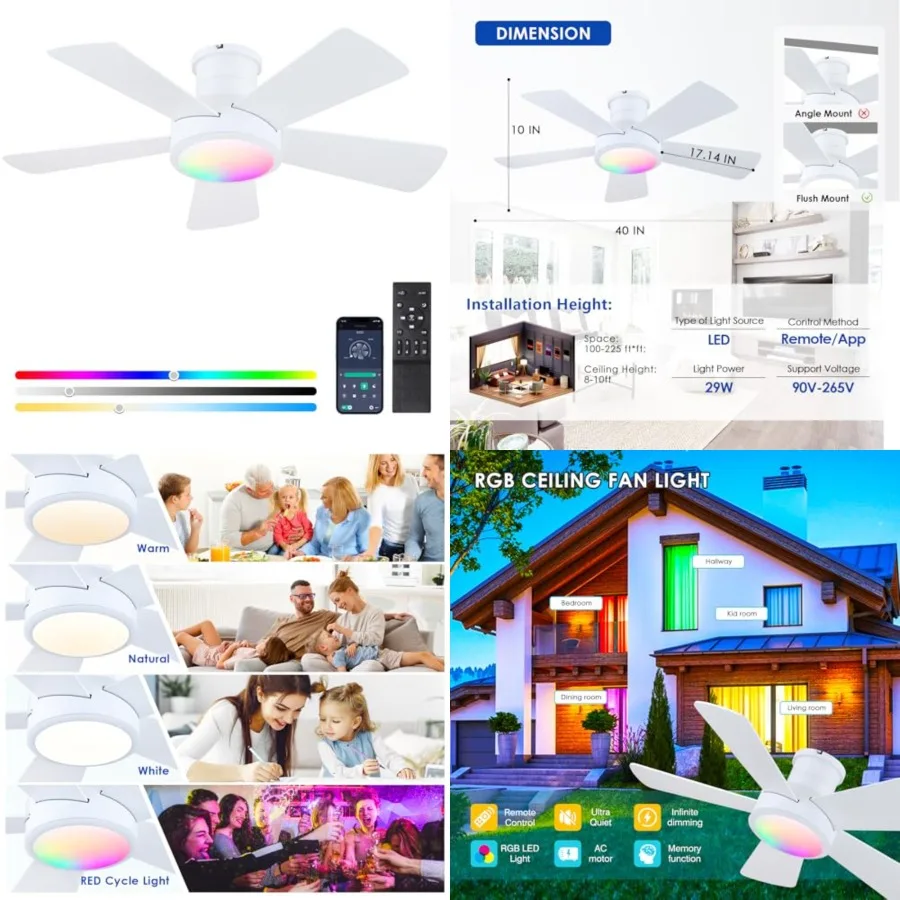 40" RGB Ceiling Fan with Light and Remote, Low Profile Flush Mount Smart Fan with App Control, Quiet Reversible DC Motor, Moder
40" RGB Ceiling Fan with Light and Remote, Low Profile Flush Mount Smart Fan with App Control, Quiet Reversible DC Motor, Moder