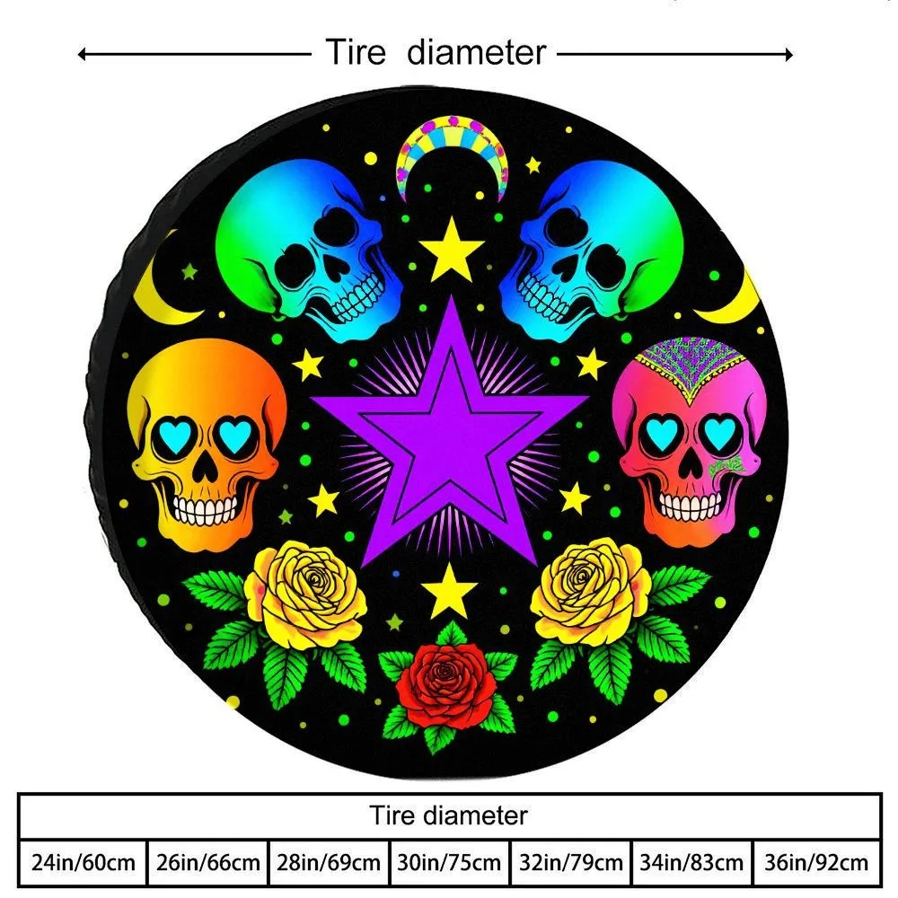 Neon Skull Flower Star Print Tire Cover Black Background Polyester Spare Wheel Protector for SUV
Neon Skull Flower Star Print Tire Cover Black Background Polyester Spare Wheel Protector for SUV