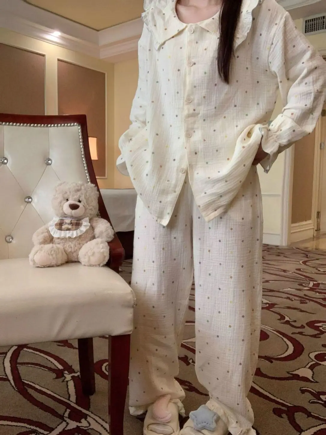 Korean Style Long Sleeve Polka Dot Women's Sleepwear Spring Autumn Home Clothes Sweet Cute Two-Piece Set Breathable Polyester
Korean Style Long Sleeve Polka Dot Women's Sleepwear Spring Autumn Home Clothes Sweet Cute Two-Piece Set Breathable Polyester