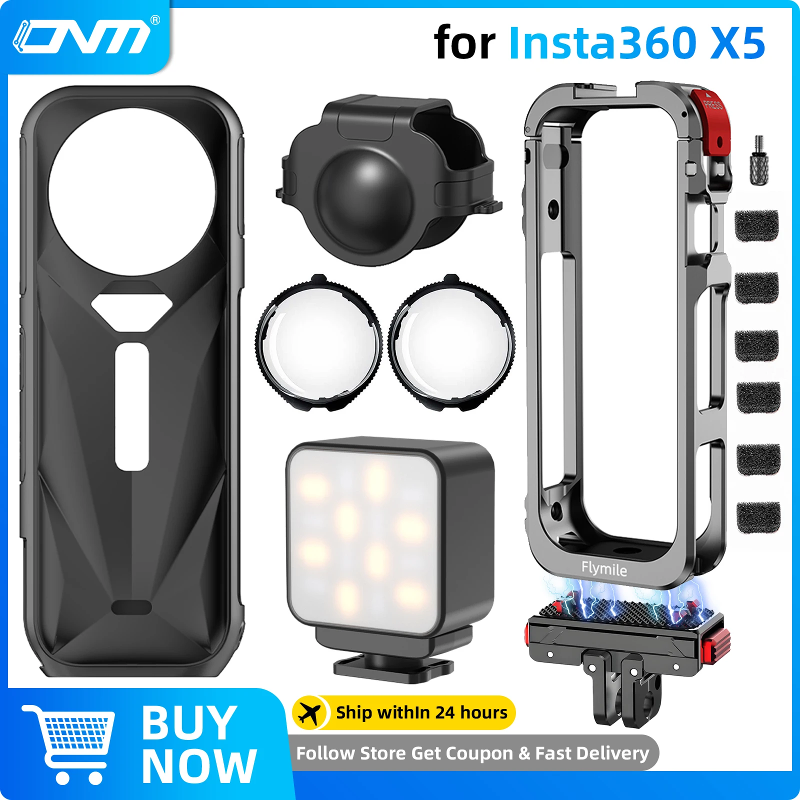 Accessories Set for Insta360 X5, Metal Frame Cage+Adapter Mount+Glass Lens Guards+LED Fill Light+Silicone Case, for Insta 360 X5
Accessories Set for Insta360 X5, Metal Frame Cage+Adapter Mount+Glass Lens Guards+LED Fill Light+Silicone Case, for Insta 360 X5