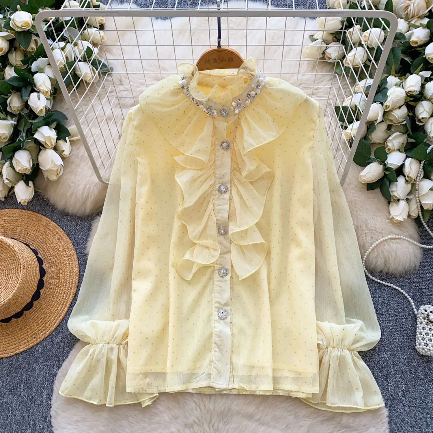 Vintage chic basics Beading ruffle long sleeve Blouse Korean Fashion autumn Shirt women clothing
Vintage chic basics Beading ruffle long sleeve Blouse Korean Fashion autumn Shirt women clothing