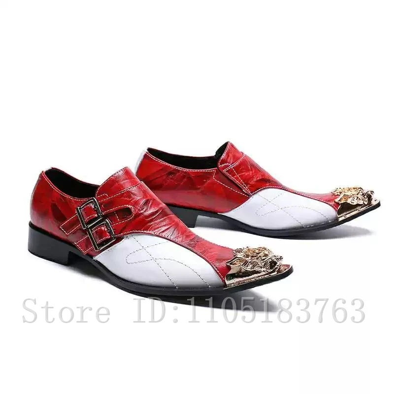 Men Two Buckle Monk Strap Dress Shoes Golden Lion Metal Pointed Toe Red White Color Block Patchwork Genuine Leather Loafers
Men Two Buckle Monk Strap Dress Shoes Golden Lion Metal Pointed Toe Red White Color Block Patchwork Genuine Leather Loafers
