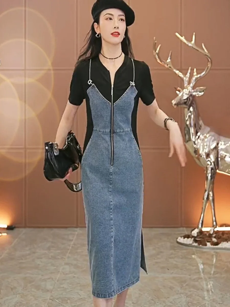 Slimming Long Dress Summer 2026 Women's round Neck Chain Splicing Denim Short Sleeve Zipper Waist Inward Fashion Set Polyester
Slimming Long Dress Summer 2026 Women's round Neck Chain Splicing Denim Short Sleeve Zipper Waist Inward Fashion Set Polyester