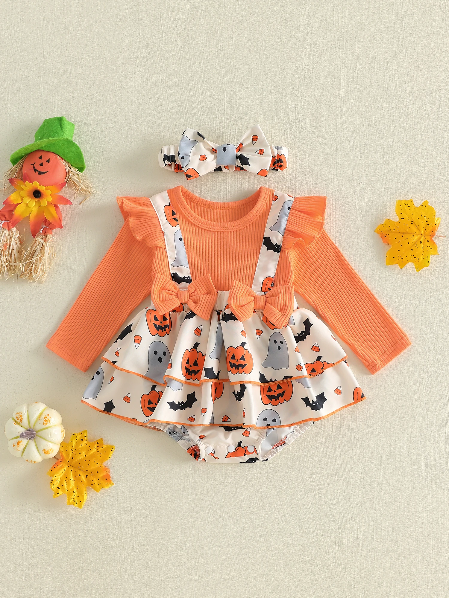 Infant Halloween Costume Set Long Sleeve Pumpkin Ghost Print Romper with Headband Baby Girl Outfit Newborn Clothes Bow Front
Infant Halloween Costume Set Long Sleeve Pumpkin Ghost Print Romper with Headband Baby Girl Outfit Newborn Clothes Bow Front