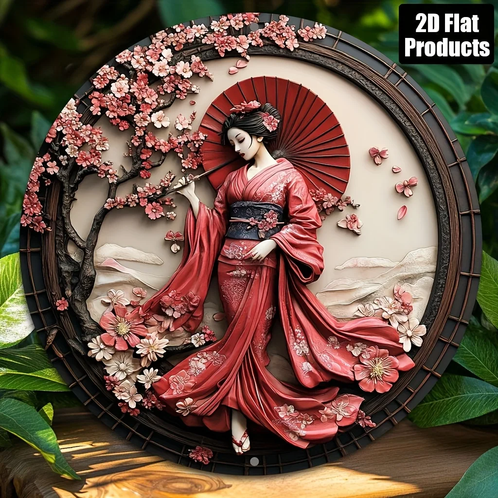 Elegant Japanese Kimono Wall Art - Round Metal Sign with Tranquil Woman in Red Kimono & Cherry Blossoms, Ideal for Home
Elegant Japanese Kimono Wall Art - Round Metal Sign with Tranquil Woman in Red Kimono & Cherry Blossoms, Ideal for Home
