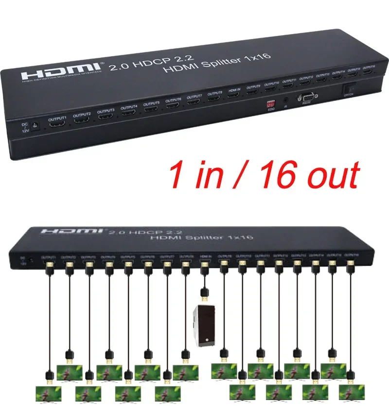 4K 60Hz HDMI 2.0 1x16 HDMI Splitter Distributor HDCP 2.2 1080P Video Converter Multi Screen Display 1 To 6 8 10 12 16 TV Monitor
4K 60Hz HDMI 2.0 1x16 HDMI Splitter Distributor HDCP 2.2 1080P Video Converter Multi Screen Display 1 To 6 8 10 12 16 TV Monitor