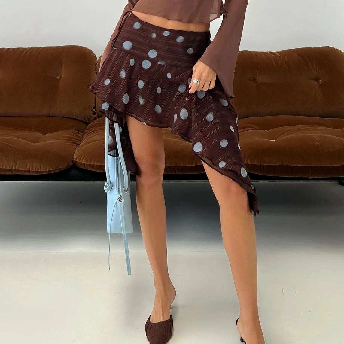 Women's Brown Polka Dot Asymmetrical Mini Skirt - High Waist Tie Side Ruffle Hem Chiffon Y2K Streetwear Skirt for Party
Women's Brown Polka Dot Asymmetrical Mini Skirt - High Waist Tie Side Ruffle Hem Chiffon Y2K Streetwear Skirt for Party
