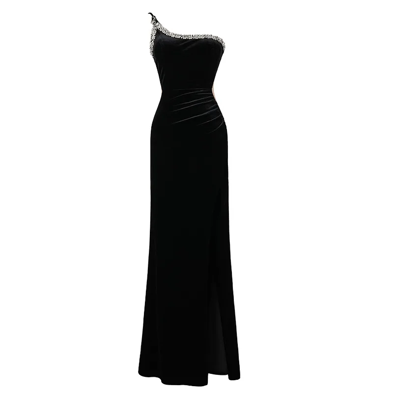 Sexy Waist Illusion One Shoulder Beading Velvet High Split Long Formal Evening Dress
Sexy Waist Illusion One Shoulder Beading Velvet High Split Long Formal Evening Dress