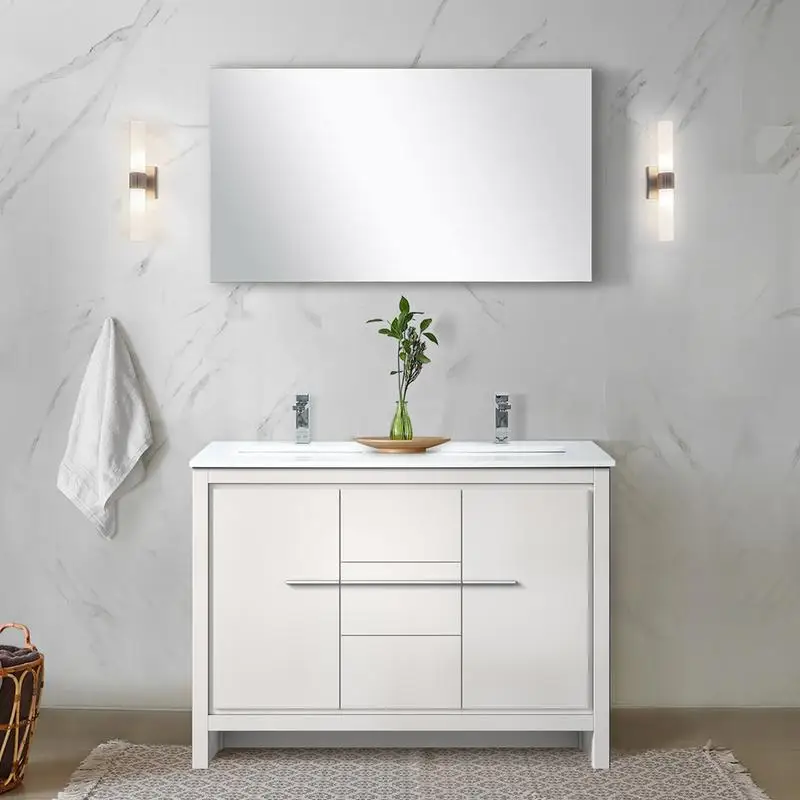 48" White Double Bath Vanity with White Quartz Top, Chrome Faucet Set & 43" Mirror - Modern Bathroom Furniture Set
48" White Double Bath Vanity with White Quartz Top, Chrome Faucet Set & 43" Mirror - Modern Bathroom Furniture Set